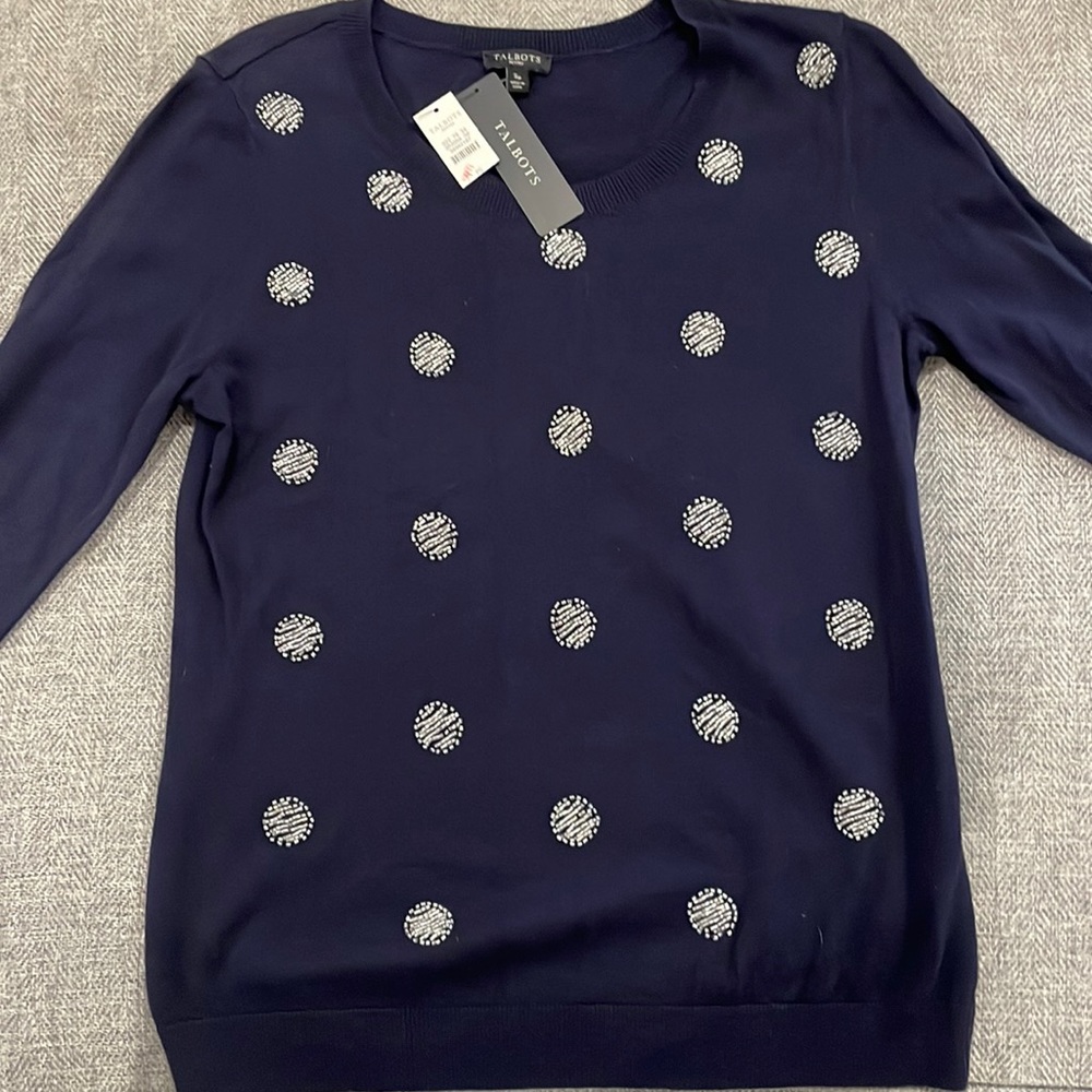 Petite Small Navy TALBOTS Sweater with Silver Beaded Polka Dots